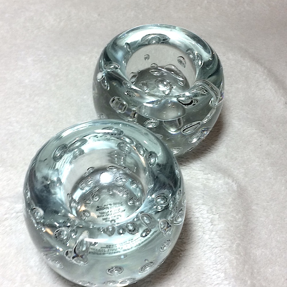 2 crate & barrel bubble sphere thick glass votive Candle holders 3” Handmade